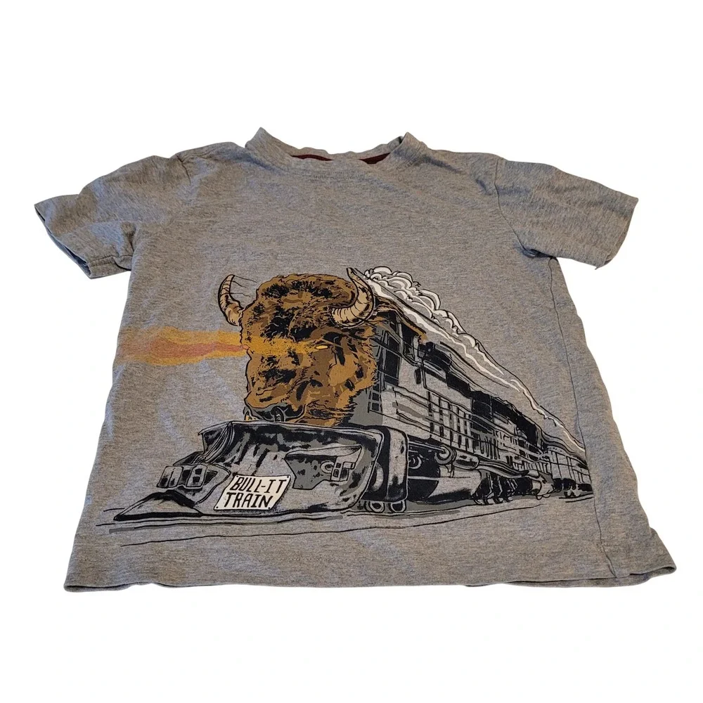 Gymboree Bull-It Train Bison Graphic Tee Kids S 5-6 Grey Short Sleeve Cotton